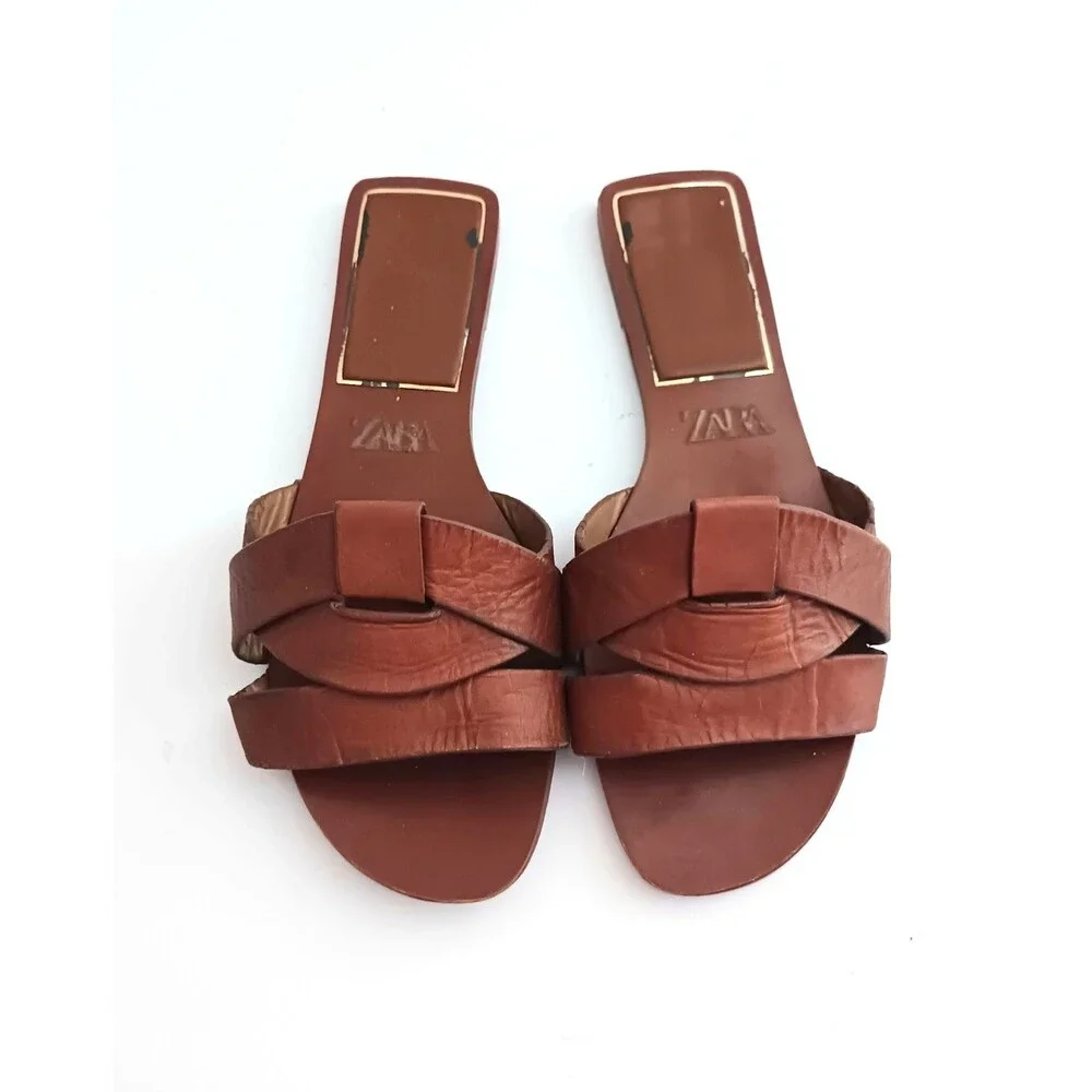 ZARA Brown Braided Leather Flat Slide Sandals EU 38 US 7-7.5 - Picture 2 of 10
